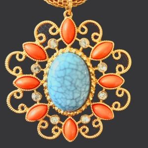 Unique Gold Tone, Faux Turquoise, Coral and Diamond Pendant on Gold- tone Chain